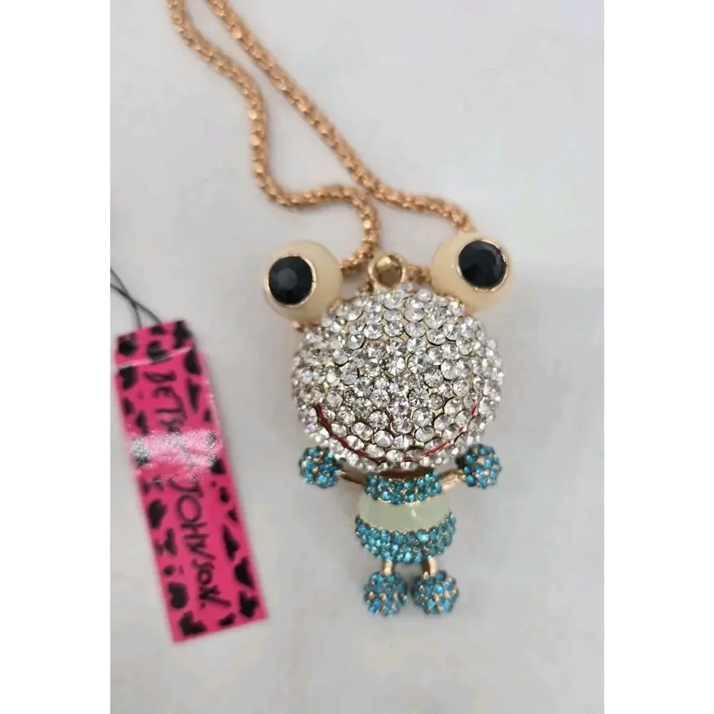 Y2K Bling Whimsical Rhinestone Frog Pendant Necklace Betsey Johnson NOS